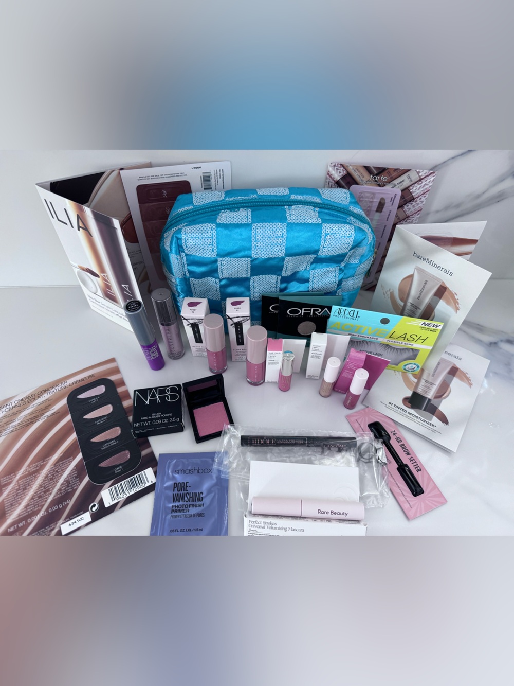 22 piece Rare Beauty Lip Gloss & Balm Set with Blue Check Cosmetic Pouch